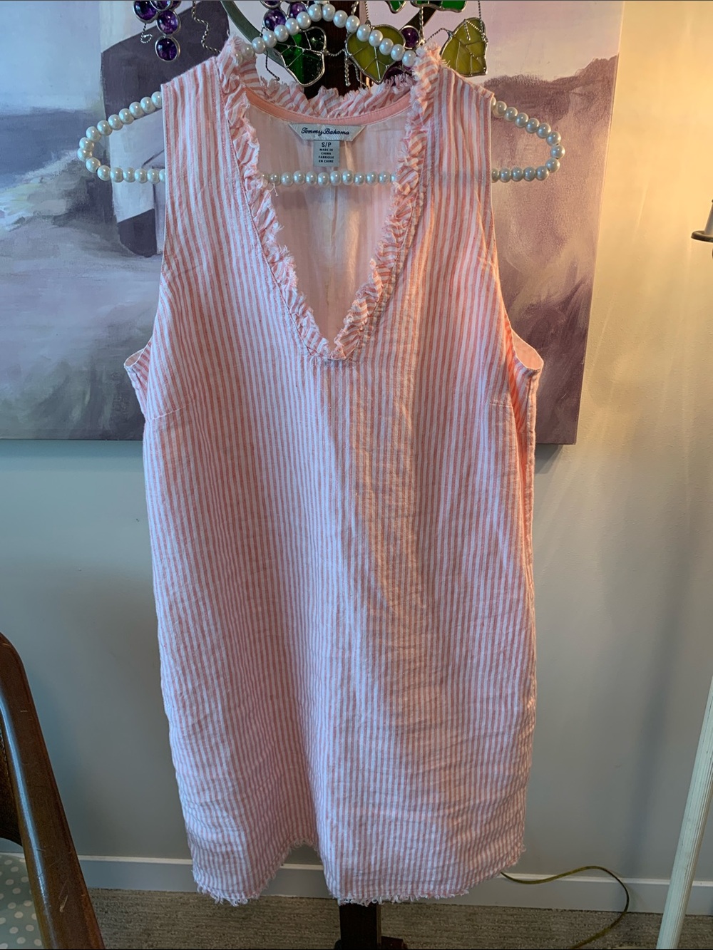 Nwot Tommy Bahama Pink/ White Seersucker Stripe Raw Edge Cabana Shift Dress SP